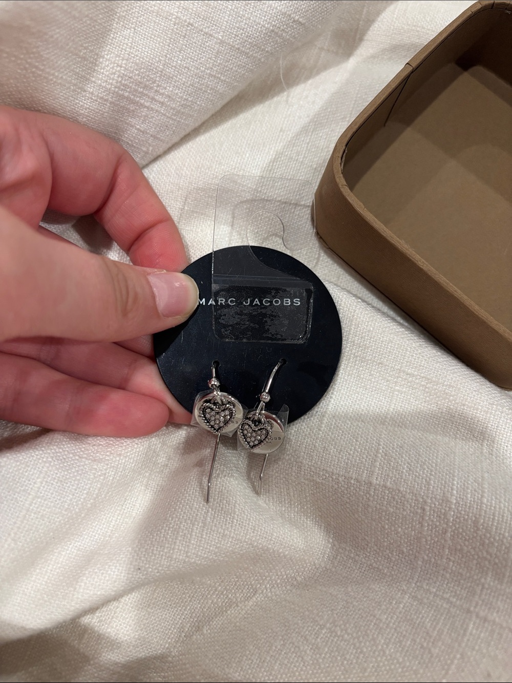 Marc Jacobs Silver Heart Dangle Earrings with Crystal Accents